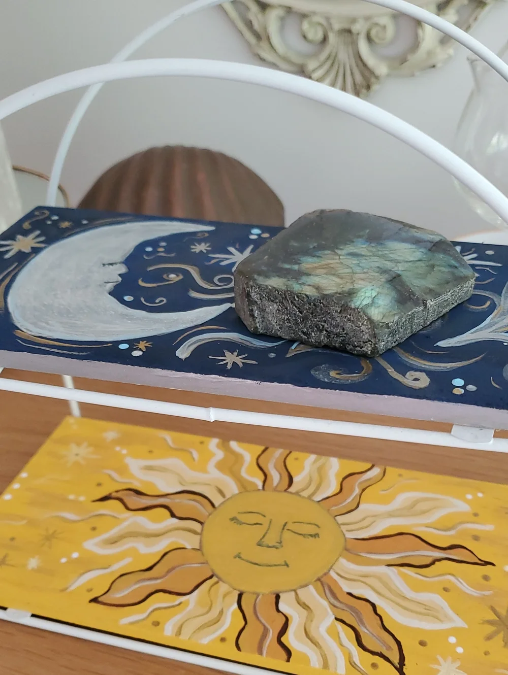 Hand Painted Sun & Moon Painted Two-Tier Wooden Home Accent Organizer Shelf
